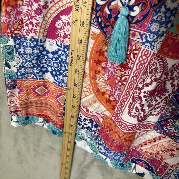 John Mark Top M Floral Sleeves Boho Tassels Patchwork Mixed Media Flowy - Picture 5 of 6